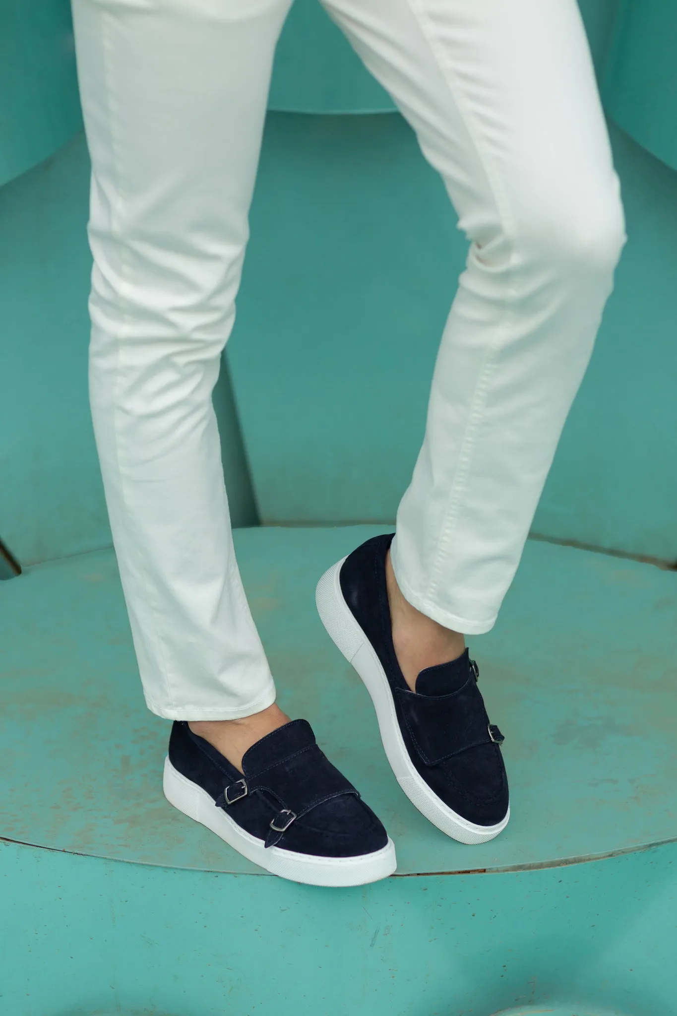 Monk Strap Suede Leather Navy Blue Shoes