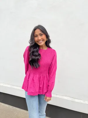 Pink Smocked Lng Balloon Slv Top