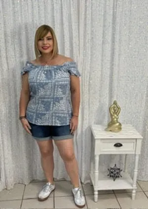 Plus white print denim top