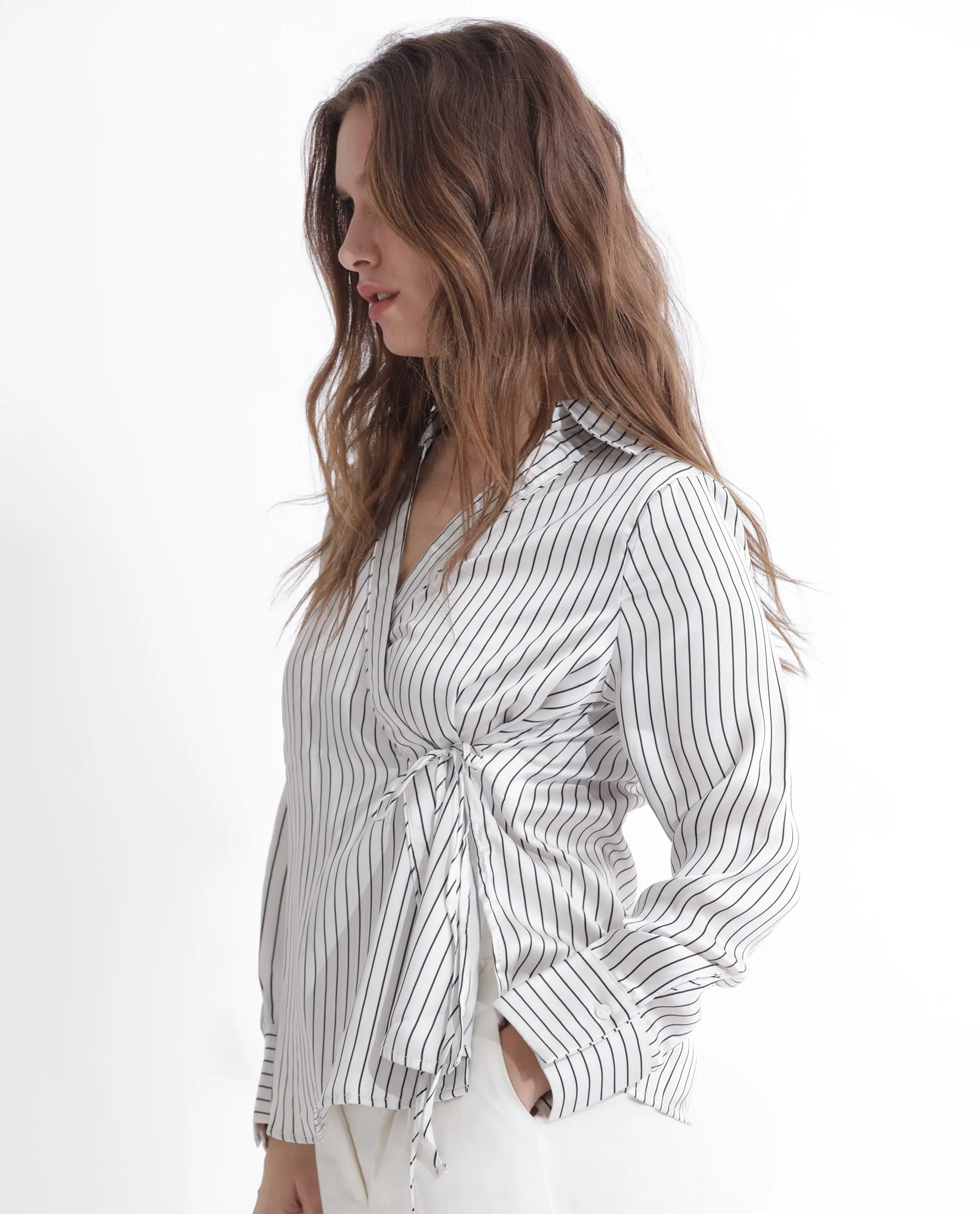 Rareism Women Arzoo White Polyester Fabric Full Sleeves Tie-Up Closure Johnny Collar Regular Fit Striped Top