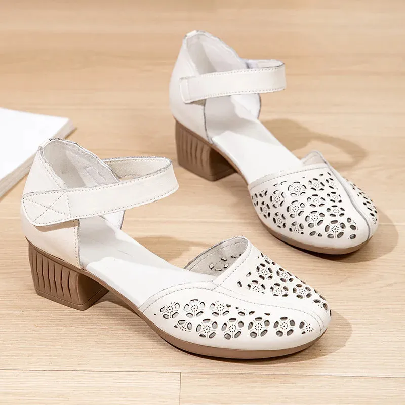 Retro Genuine Leather Hollow Out Breathable Sandals Summer Versatile Round Toe Thick Heel Women's Shoes