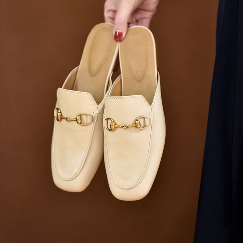 Retro Horsebit-Detailed Leather Loafer Mules for Women Backless Loafers in Black/Beige/Brown