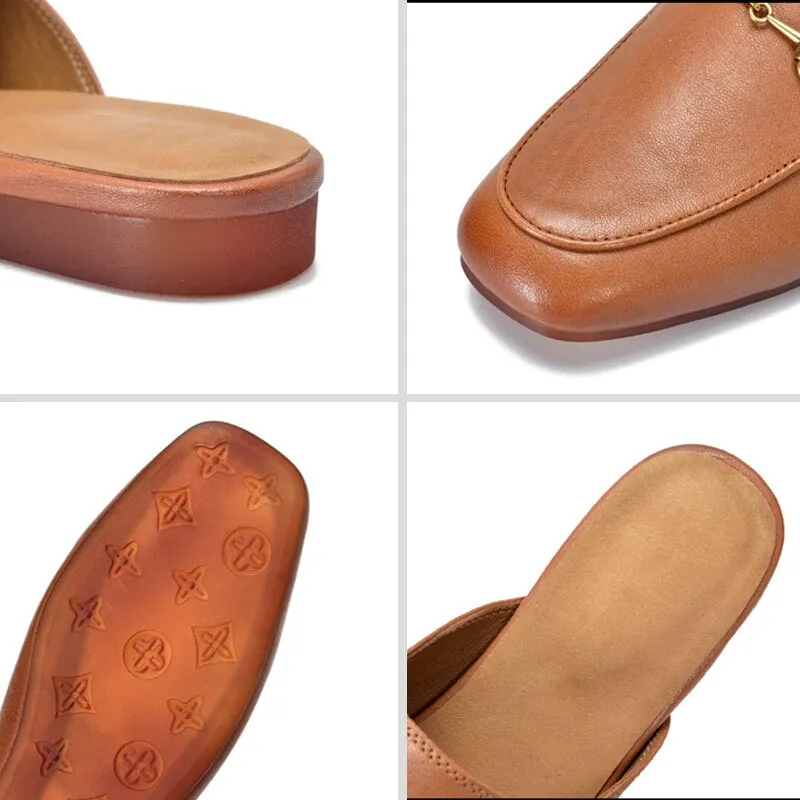 Retro Horsebit-Detailed Leather Loafer Mules for Women Backless Loafers in Black/Beige/Brown
