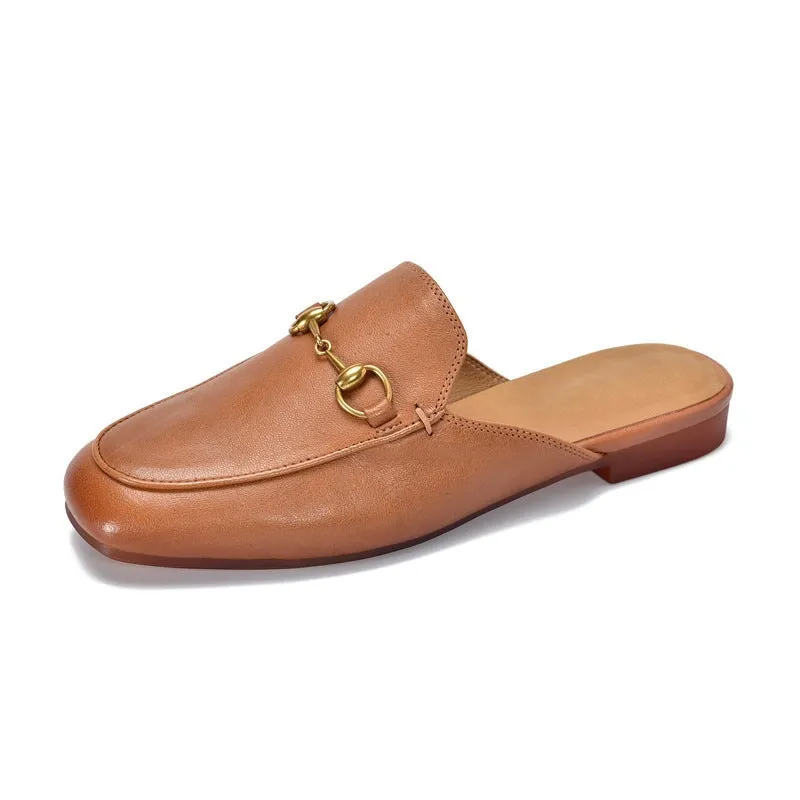 Retro Horsebit-Detailed Leather Loafer Mules for Women Backless Loafers in Black/Beige/Brown