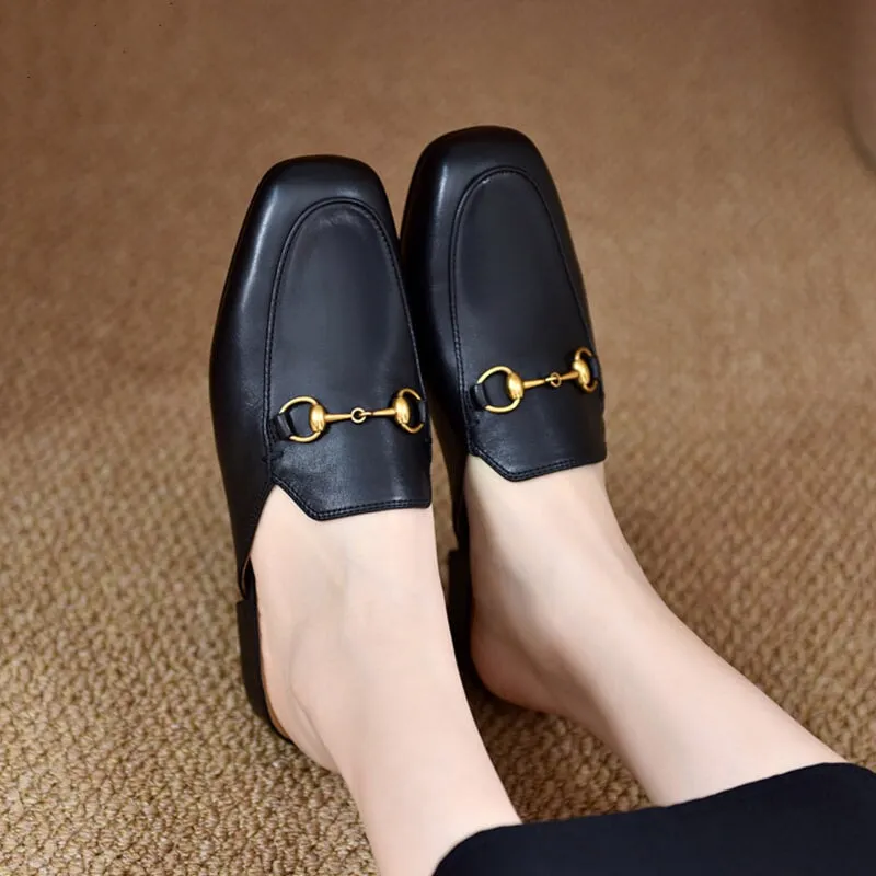 Retro Horsebit-Detailed Leather Loafer Mules for Women Backless Loafers in Black/Beige/Brown