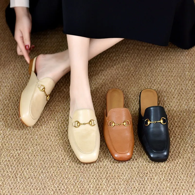 Retro Horsebit-Detailed Leather Loafer Mules for Women Backless Loafers in Black/Beige/Brown