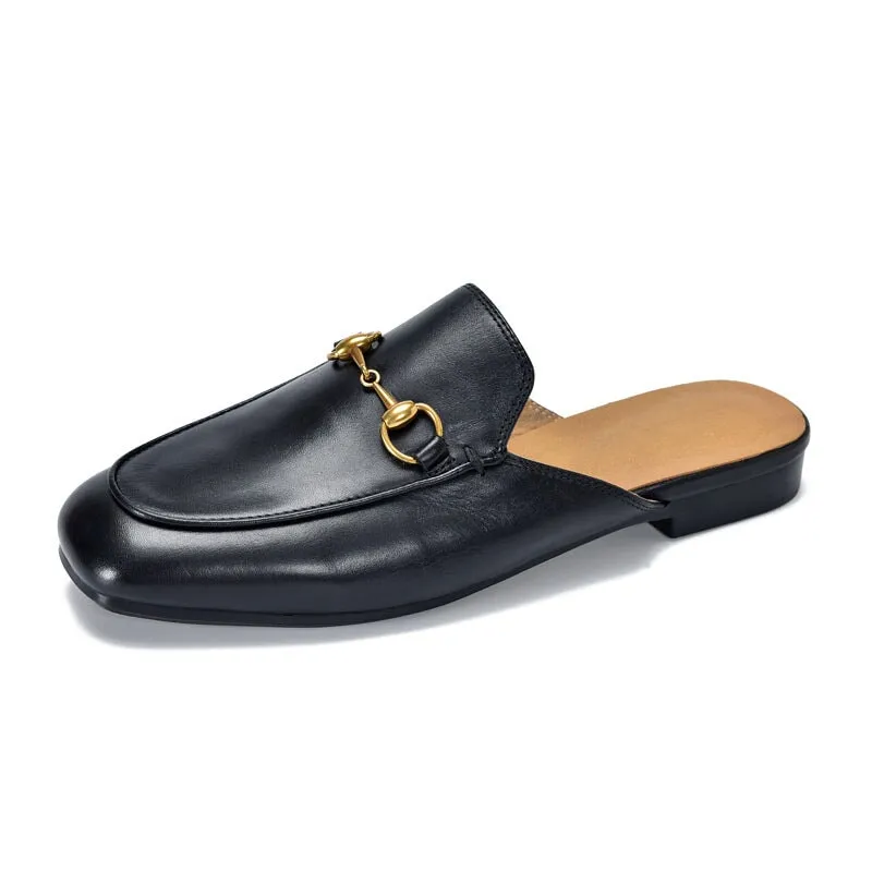 Retro Horsebit-Detailed Leather Loafer Mules for Women Backless Loafers in Black/Beige/Brown