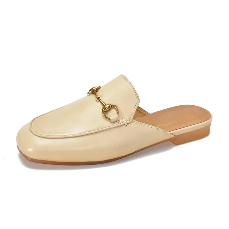 Retro Horsebit-Detailed Leather Loafer Mules for Women Backless Loafers in Black/Beige/Brown