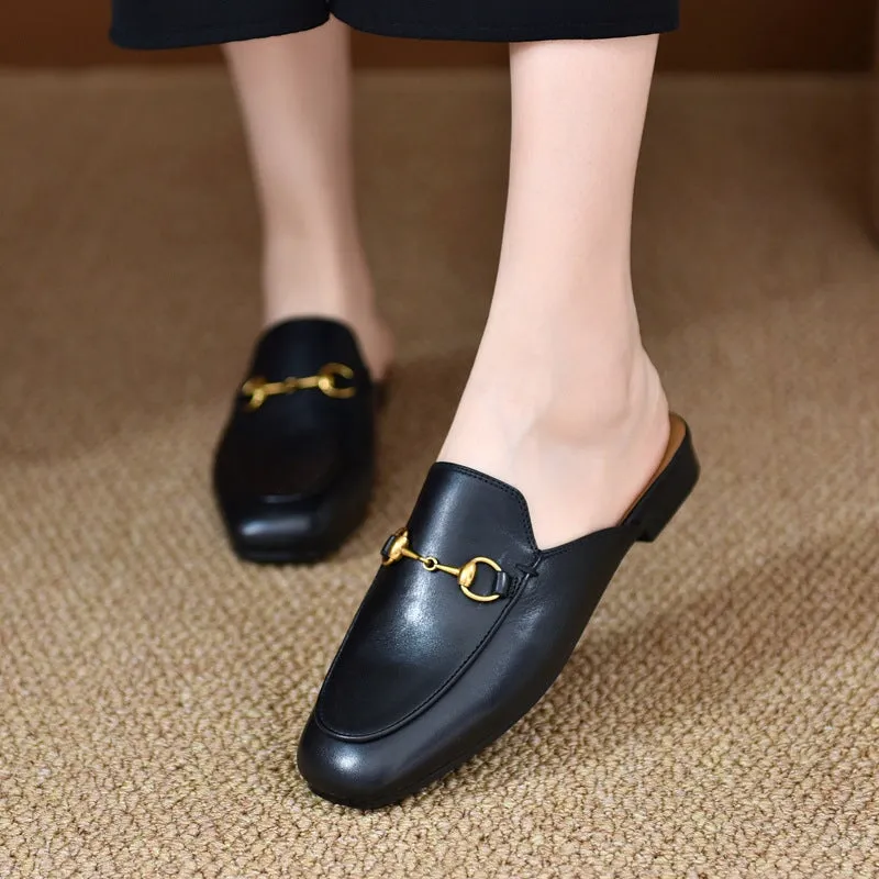 Retro Horsebit-Detailed Leather Loafer Mules for Women Backless Loafers in Black/Beige/Brown