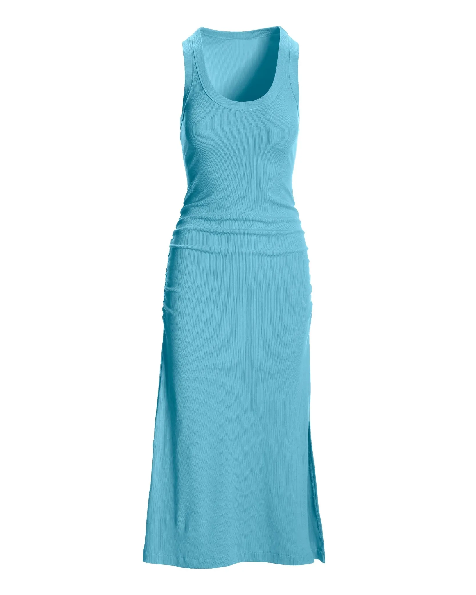 Scoop Neck Ruched Rib Knit Midi Dress Blue Topaz