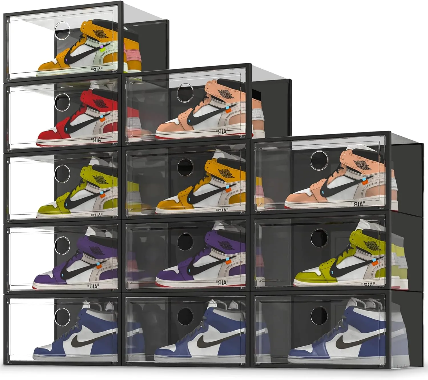 SEE SPRING X-Large 12 Pack Shoe Storage Box, Clear Plastic Stackable Shoe Organizer for Closet, Shoe Sneaker Containers Bins Holders Fit up to Size 13 (Black)