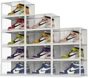 SEE SPRING X-Large 12 Pack Shoe Storage Box, Clear Plastic Stackable Shoe Organizer for Closet, Shoe Sneaker Containers Bins Holders Fit up to Size 13 (Black)