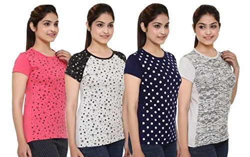 SHAUN Women T-Shirt (105WPtedN4XNPA44_Multicolored_XL_Pack of 4)