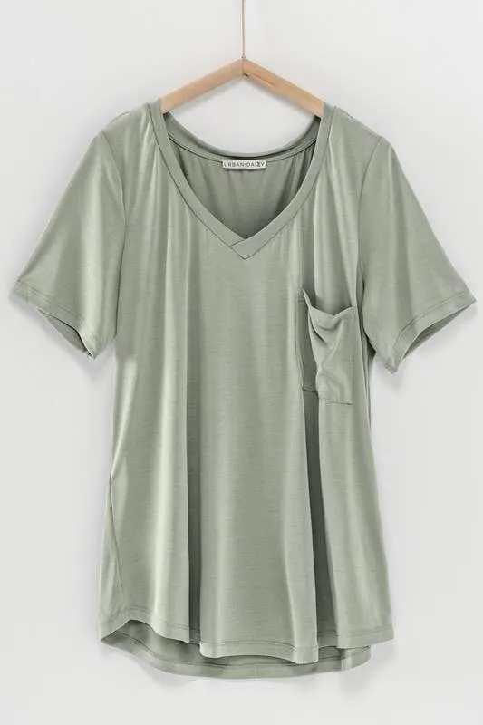 Solid V-Neck Basic Pocket Tee