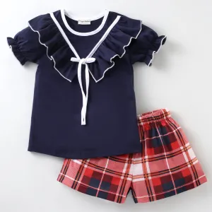 Solid V shape Frill Top Checkered Short Set