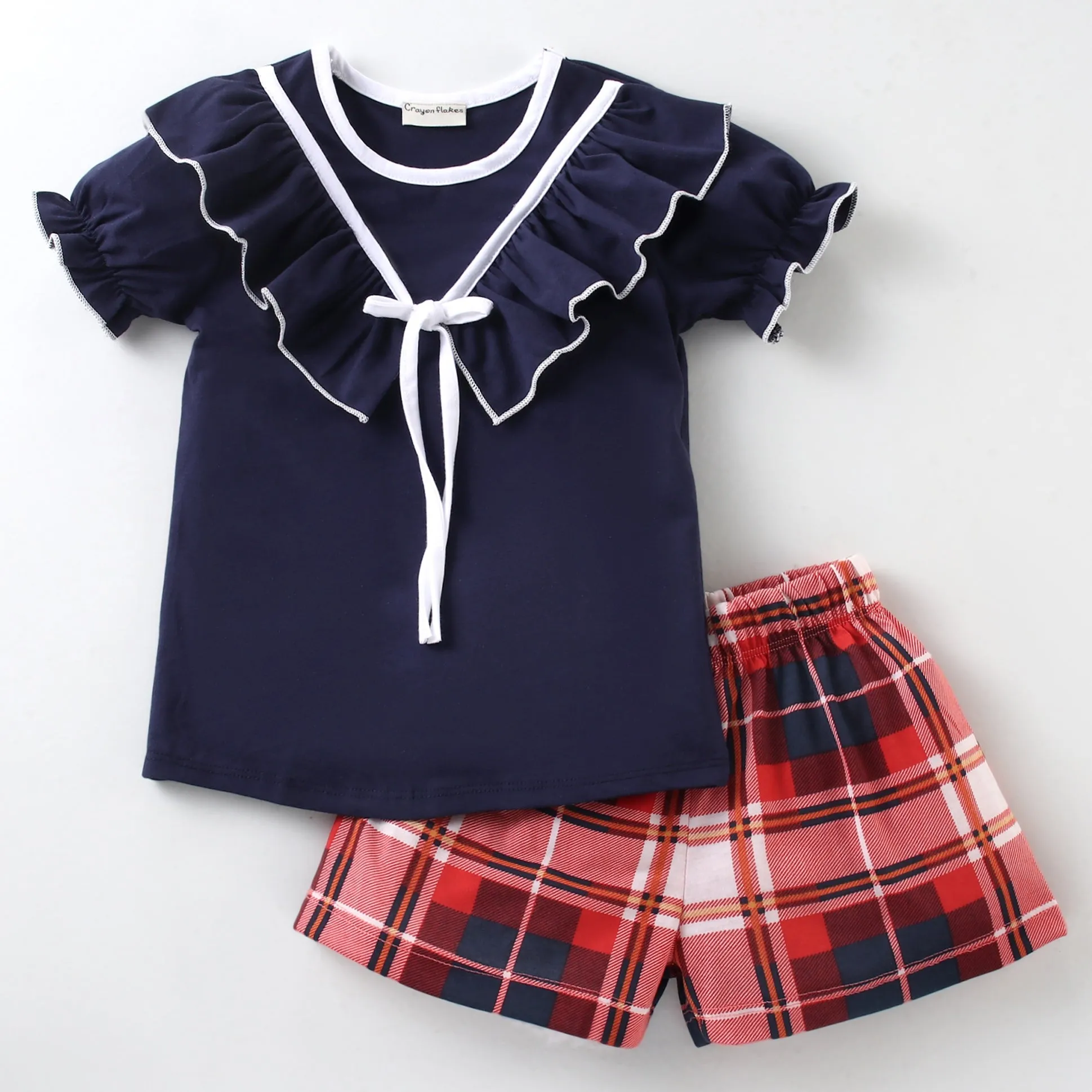 Solid V shape Frill Top Checkered Short Set