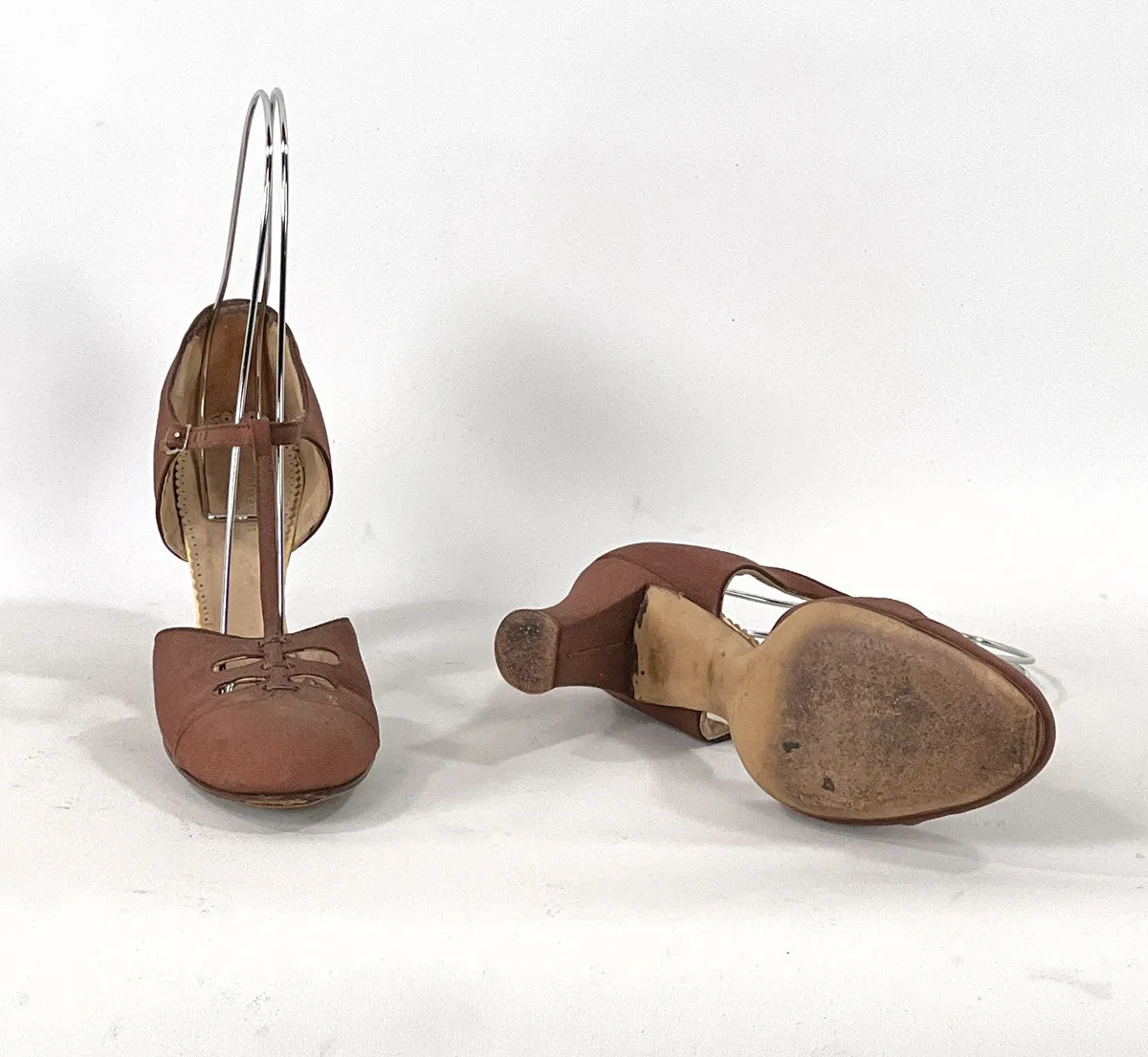 Vintage 20s T-strap Heels Strappy Daytime Flapper Shoes Brown Frederick & Nelson VFG