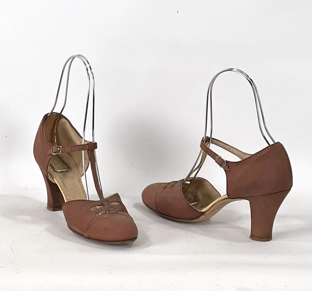 Vintage 20s T-strap Heels Strappy Daytime Flapper Shoes Brown Frederick & Nelson VFG