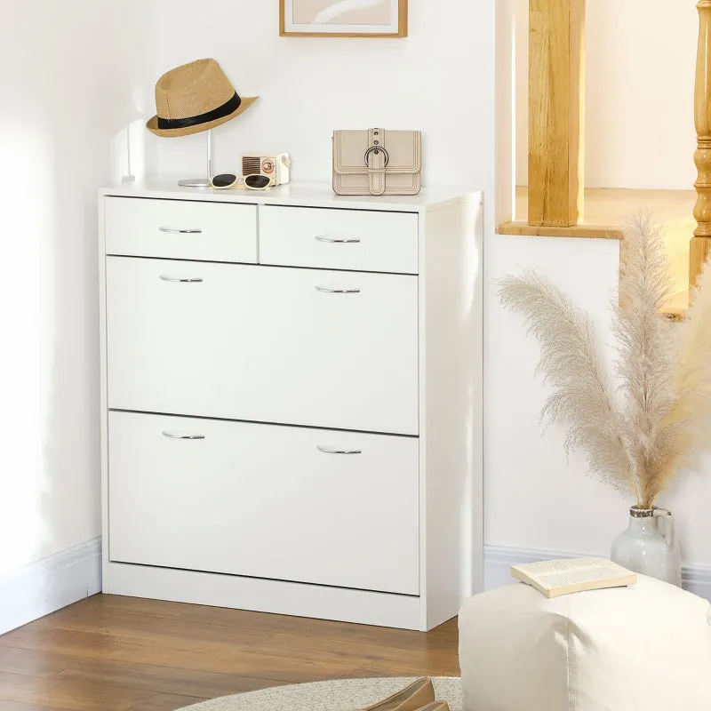 White Shoe Storage Cabinet with 2 Flip Drawers - Organiser for 12 Pairs