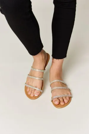 Wild Diva Three-Strap Tan Rhinestone Flat Sandals