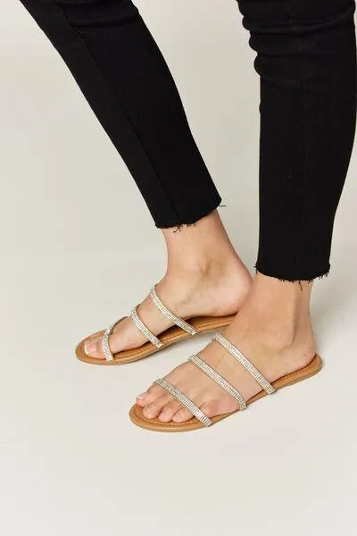 Wild Diva Three-Strap Tan Rhinestone Flat Sandals