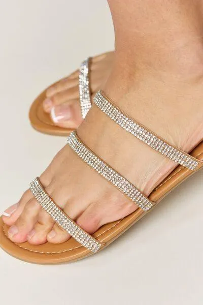 Wild Diva Three-Strap Tan Rhinestone Flat Sandals