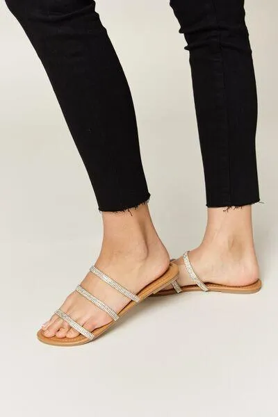 Wild Diva Three-Strap Tan Rhinestone Flat Sandals