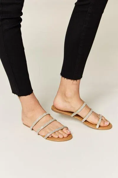 Wild Diva Three-Strap Tan Rhinestone Flat Sandals