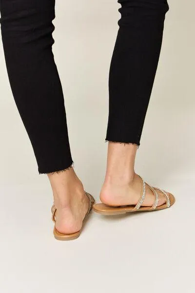 Wild Diva Three-Strap Tan Rhinestone Flat Sandals