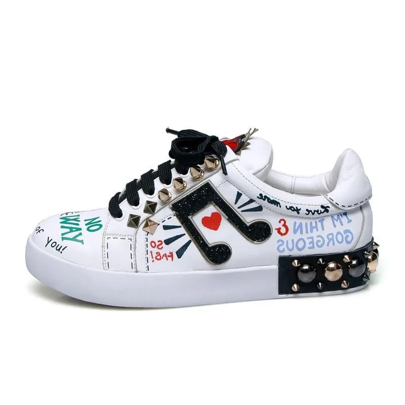 Women Flat Heels Genuine Leather Lace Up Rivets Cow Leather Comfortable Shoes