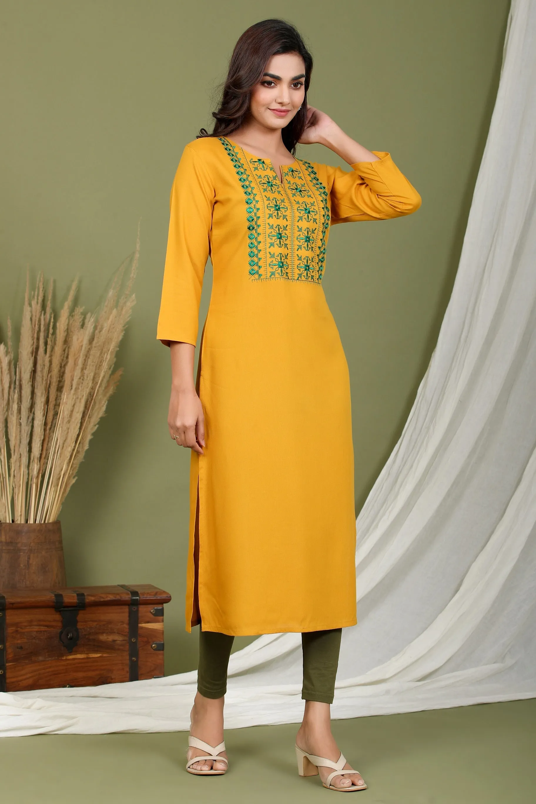 Women Mustard Embroidered Kurta