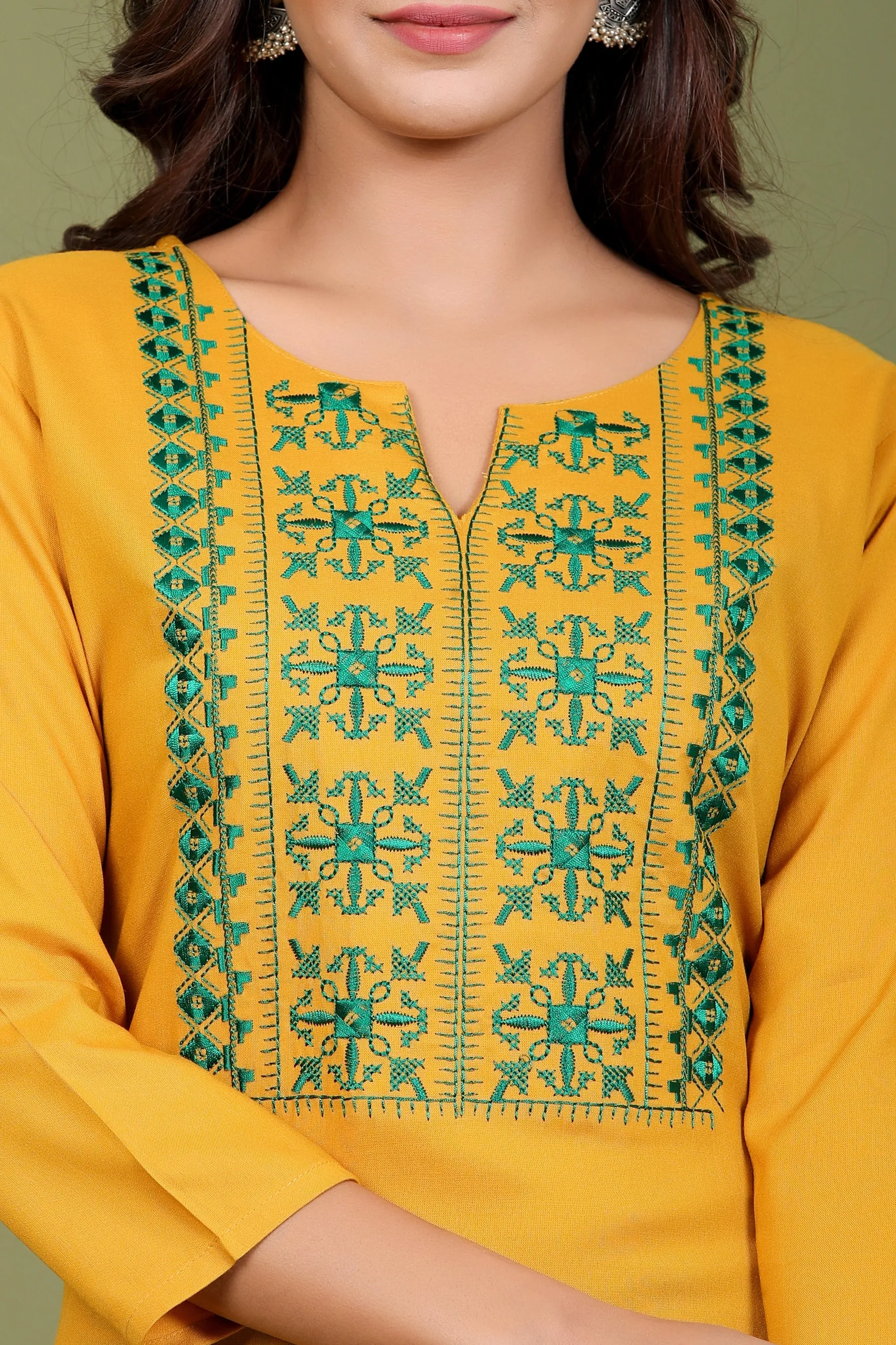 Women Mustard Embroidered Kurta