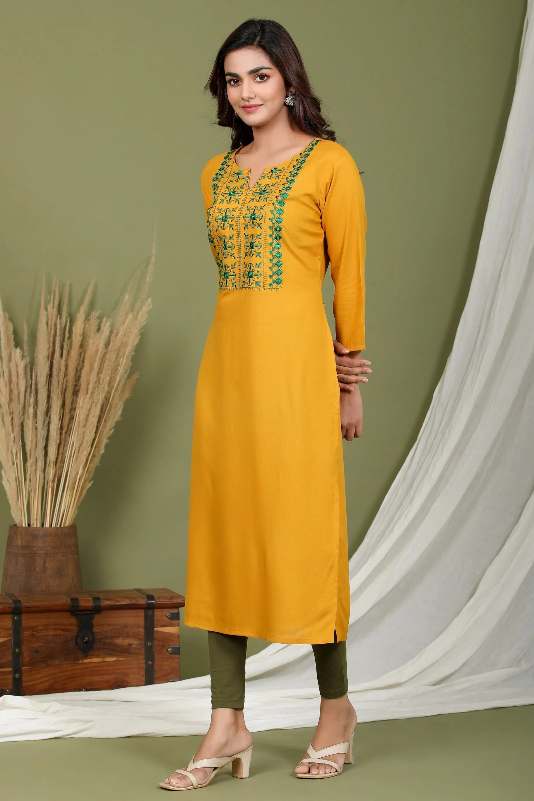 Women Mustard Embroidered Kurta