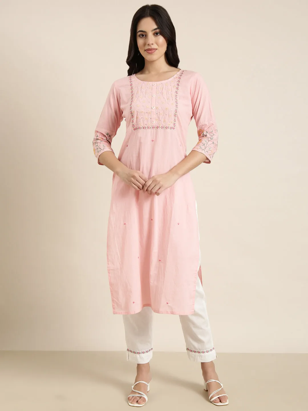 Women Straight Pink Solid Kurta and Trousers Set