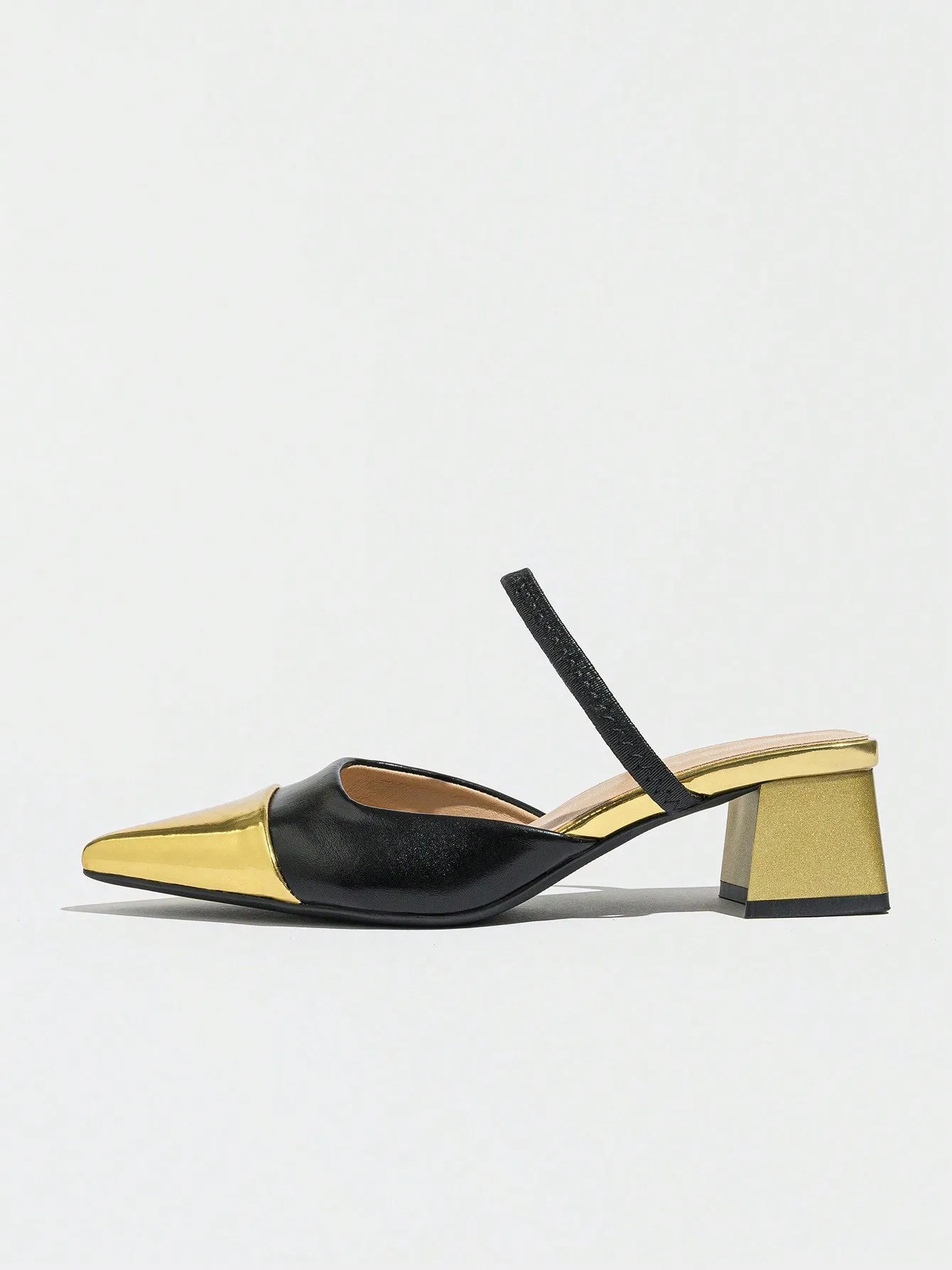 Women's Classic Color Block Pointed Toe Thick Heel Slip On Mules, Elegant Versatile Dress Sandals For Parties, Casual Outings And Daily Wear, Gold High Heels For Ladies Suitable For Summer