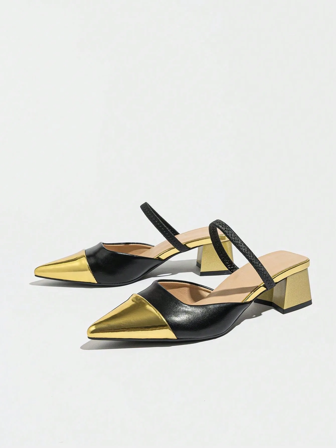 Women's Classic Color Block Pointed Toe Thick Heel Slip On Mules, Elegant Versatile Dress Sandals For Parties, Casual Outings And Daily Wear, Gold High Heels For Ladies Suitable For Summer