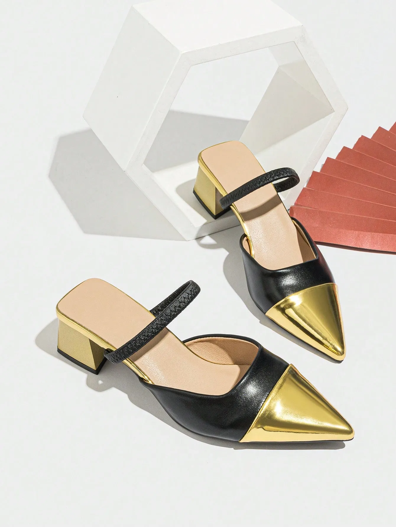 Women's Classic Color Block Pointed Toe Thick Heel Slip On Mules, Elegant Versatile Dress Sandals For Parties, Casual Outings And Daily Wear, Gold High Heels For Ladies Suitable For Summer