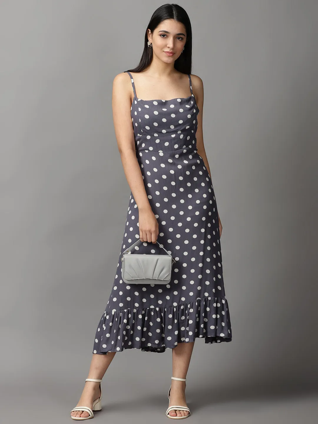 Women's Grey Polka Dots Fit and Flare Dress