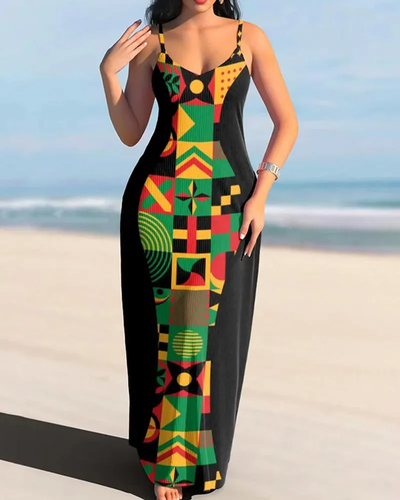 Women's V-neck Strap Long Printed Casual Fashion Dress