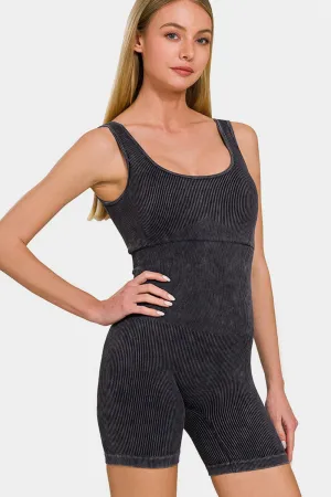 Zenana Washed Ribbed Romper with Bra Pads