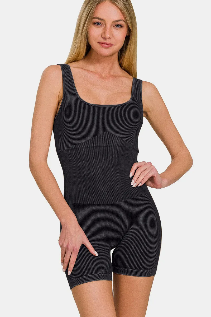 Zenana Washed Ribbed Romper with Bra Pads